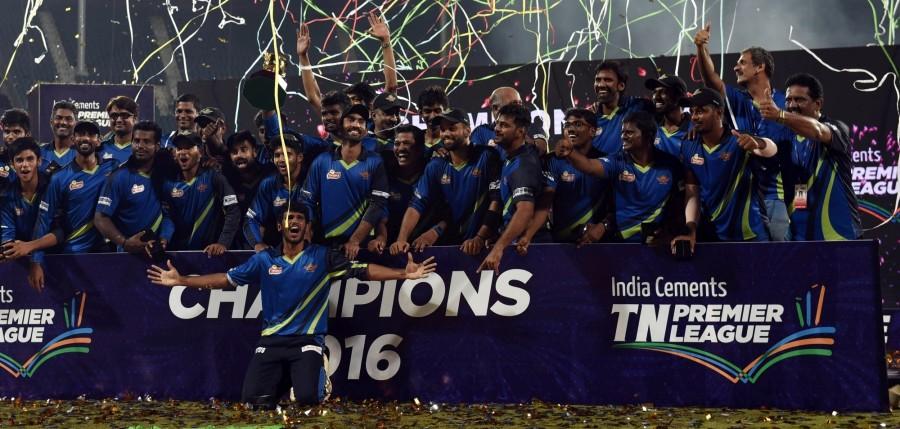 TUTI Patriots celebrate after winning the final match of Tamil Nadu Premier League 2016 against Chepauk Super Gillies in Chennai on Sept 18, 2016. Tuti Patriots,Tuti Patriots wins Title,Chepauk Super Gillies,TNPL final,TNPL 2016,Tuti Patriots beat Chepauk Super Gillies,Tamil Nadu Premier League 2016,Tamil Nadu Premier League