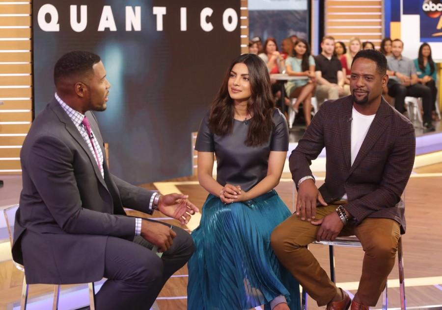 Bollywood actress Priyanka Chopra, Blair Underwood, Michael Strahan on the sets of Good Morning America. Priyanka Chopra,Priyanka Chopra on Good Morning America,Good Morning America,Priyanka Chopra on the sets of Good Morning America,Priyanka Chopra in metallic blue dress,Priyanka Chopra at Galvan London,Priyanka Chopra latest pics,Priyanka Chopra latest ima