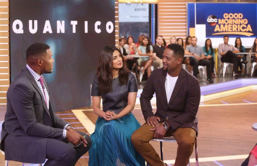 Bollywood actress Priyanka Chopra, Blair Underwood, Michael Strahan on the sets of Good Morning America. Priyanka Chopra,Priyanka Chopra on Good Morning America,Good Morning America,Priyanka Chopra on the sets of Good Morning America,Priyanka Chopra in metallic blue dress,Priyanka Chopra at Galvan London,Priyanka Chopra latest pics,Priyanka Chopra latest ima