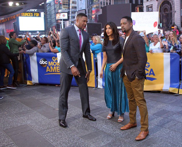 Bollywood actress Priyanka Chopra, Blair Underwood, Michael Strahan on the sets of Good Morning America. Priyanka Chopra,Priyanka Chopra on Good Morning America,Good Morning America,Priyanka Chopra on the sets of Good Morning America,Priyanka Chopra in metallic blue dress,Priyanka Chopra at Galvan London,Priyanka Chopra latest pics,Priyanka Chopra latest ima