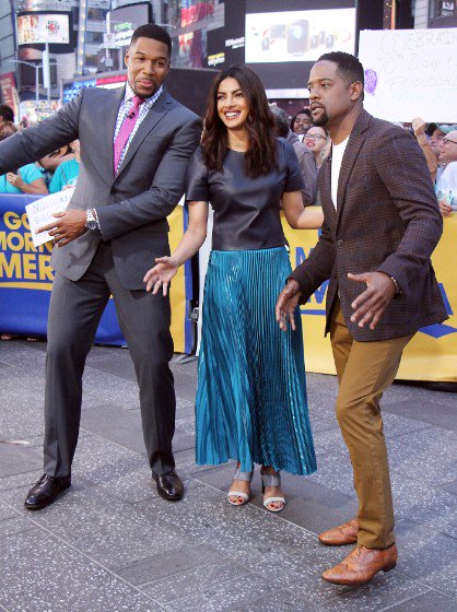 Bollywood actress Priyanka Chopra, Blair Underwood, Michael Strahan on the sets of Good Morning America. Priyanka Chopra,Priyanka Chopra on Good Morning America,Good Morning America,Priyanka Chopra on the sets of Good Morning America,Priyanka Chopra in metallic blue dress,Priyanka Chopra at Galvan London,Priyanka Chopra latest pics,Priyanka Chopra latest ima