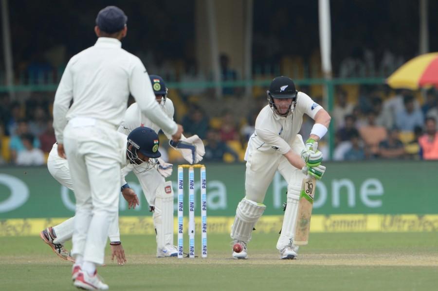Riding on Ravichandran Ashwin and Ravindra Jadeja's brilliant bowling, New Zealand were bundled out by hosts India for 262 on the third day of the first Test at the Green Park stadium here on Saturday. New Zealand vs India,India vs New Zealand,India vs New Zealand Test series,New Zealand all out for 262,India leads by 56 runs,Ravichandran Ashwin,Ravindra Jadeja