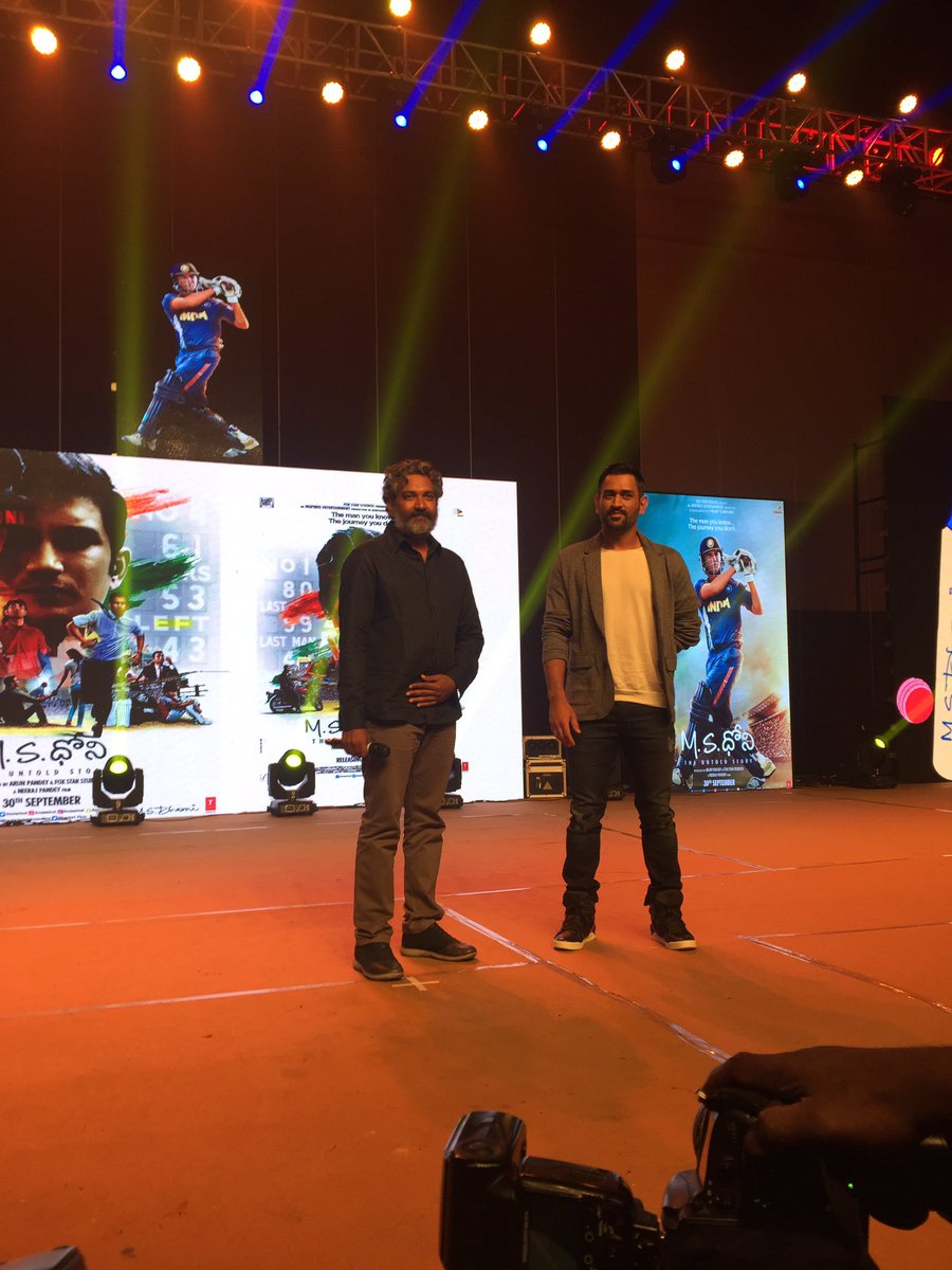 India's limited overs skipper Mahendra Singh Dhoni, Director SS Rajamouli and actor Sushant Singh Rajput at M.S. Dhoni: The Untold Story Telugu Audio Launch in in Hyderabad. Dhoni,SS Rajamouli,Sushant Singh Rajput,Dhoni and SS Rajamouli,M.S. Dhoni,M.S. Dhoni: The Untold Story Telugu Audio Launch,M.S. Dhoni: The Untold Story,M.S. Dhoni: The Untold Story Audio Launch
