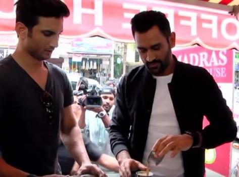 India's limited overs skipper Mahendra Singh Dhoni and Sushant Singh Rajput enjoy filter coffee on the streets of Chennai.