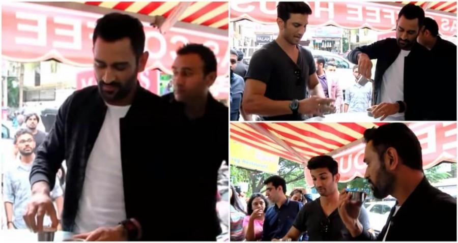 India's limited overs skipper Mahendra Singh Dhoni and Sushant Singh Rajput enjoy filter coffee on the streets of Chennai. MS Dhoni,MS Dhoni in Chennai,MS Dhoni filter coffee,Sushant Singh Rajput,MS Dhoni and Sushant Singh Rajput,Dhoni and Sushant Singh Rajput,Dhoni and Sushant