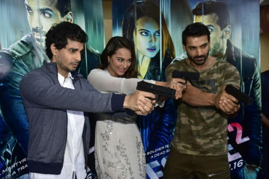 Makers of Force 2, Ajit Andhare, Vipul Amrutlal Shah, Abhinay Deo along with the starcast comprising of John Abraham, Sonakshi Sinha and Tahir Raj Bhasin presented to the audience, the power packed trailer of their film. John Abraham,Sonakshi Sinha,Force 2 trailer,Force 2 trailer launch,Force 2 trailer launch pics,Force 2 trailer launch images,Force 2 trailer launch photos,Force 2 trailer launch stills,Force 2 trailer launch pictures,Force 2,John Abraham and Sonakshi Sinh