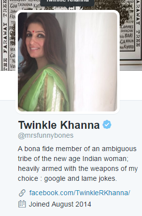 Twinke Khanna: Her twitter bio completely coincides with her name “Mrs Funny Bones” and we can sense sarcasm and wit all over her twitter description. Amitabh Bachchan,Twinkle Khanna,Rishi Kapoor,Amitabh Bachchan Twitter,Twinkle Khanna Twitter,Rishi Kapoor Twitter,Amitabh Bachchan Twitter status,Twinkle Khanna Twitter status,Rishi Kapoor Twitter status