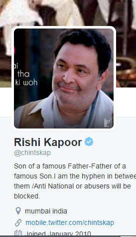 Rishi Kapoor: Known for his words of wisdom and knowledge he crafts his bio to perfection using fancy words woven into practical things. Amitabh Bachchan,Twinkle Khanna,Rishi Kapoor,Amitabh Bachchan Twitter,Twinkle Khanna Twitter,Rishi Kapoor Twitter,Amitabh Bachchan Twitter status,Twinkle Khanna Twitter status,Rishi Kapoor Twitter status