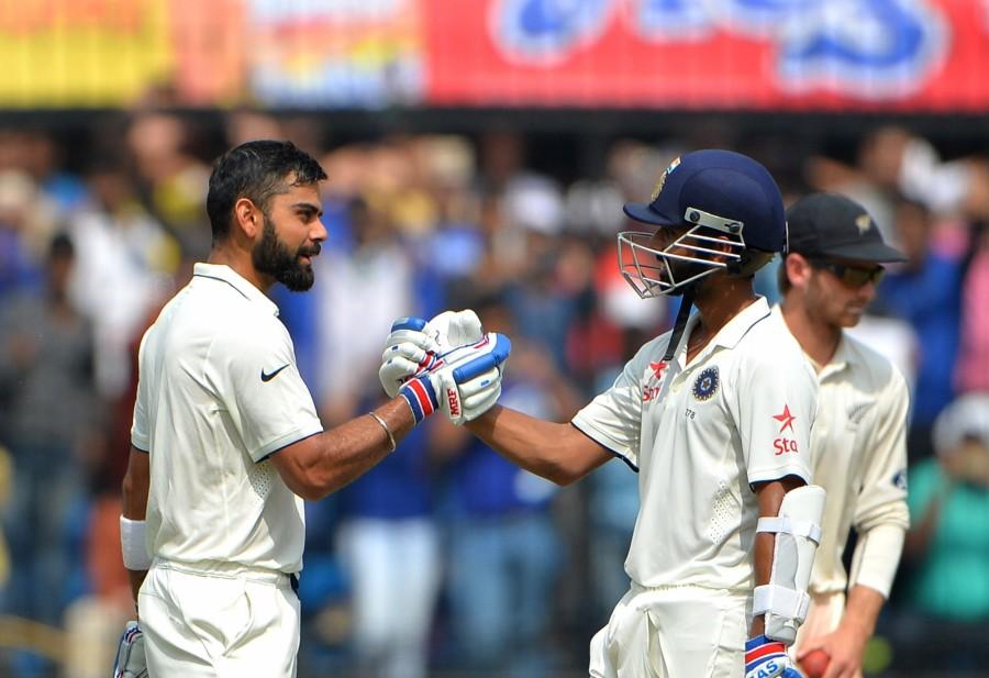 India continued their domination over New Zealand as brilliant batting from skipper Virat Kohli and his deputy Ajinkya Rahane helped the hosts to a mammoth 557/5 on the second day of the third and final Test match at the Holkar Cricket Stadium here on Sunday. Virat Kohli,Ajinkya Rahane,Virat Kohli and Ajinkya Rahane,India vs New Zealand,India vs New Zealand Test series,India vs New Zealand score,India vs New Zealand 3rd Test,India vs New Zealand pics,India vs New Zealand images,India vs New Zealand photos,Indi