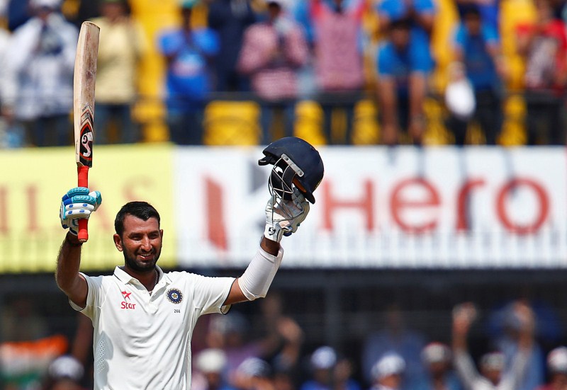 Cheteshwar Pujara smashed an unbeataen century as India declared their second innings at 216/3 to set New Zealand a target of 475 runs on the fourth day of the third Test against New Zealand at the Holkar Cricket Stadium here on Tuesday. India vs New Zealand,Cheteshwar Pujara hits 8th Test ton,Cheteshwar Pujara,Cheteshwar Pujara 8th century,Cheteshwar Pujara century,India vs New Zealand,3rd Test,India vs New Zealand Test series,India vs New Zealand 3rd Test,India vs New Zealand pics,Indi