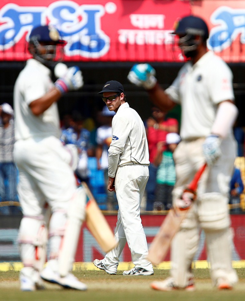 The Kiwi spinner of Indian origin had dismissed Gautam Gambhir during the morning session. The third wicket, that of Murali Vijay, fell to a run-out. Earlier, Gambhir and Pujara hit half-centuries to carry India to a dominant position at lunch. At the end of the first session of the day, India were at 127/2 in their second innings, having extended their lead to 385 runs. India vs New Zealand,Cheteshwar Pujara hits 8th Test ton,Cheteshwar Pujara,Cheteshwar Pujara 8th century,Cheteshwar Pujara century,India vs New Zealand,3rd Test,India vs New Zealand Test series,India vs New Zealand 3rd Test,India vs New Zealand pics,Indi