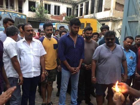 Actor Vishal, Prasanna, Director Myskkin and Team celebrate Ayudha Pooja on the set of Thupparivalan on location.