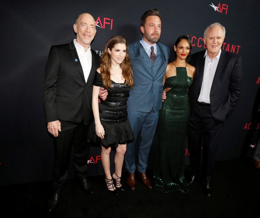 Cast member Ben Affleck (3rd L) poses with co-star Anna Kendrick (2nd L), as cast members J.K. Simmons (L), Cynthia Addai-Robinson and John Lithgow watch, at the premiere of "The Accountant" at the TCL Chinese theatre in Hollywood, California. Ben Affleck,Anna Kendrick,The Accountant,The Accountant premiere show,Celebs at The Accountant premiere show,The Accountant premiere show pics,The Accountant premiere show images,The Accountant premiere show photos,The Accountant premiere show stills,The