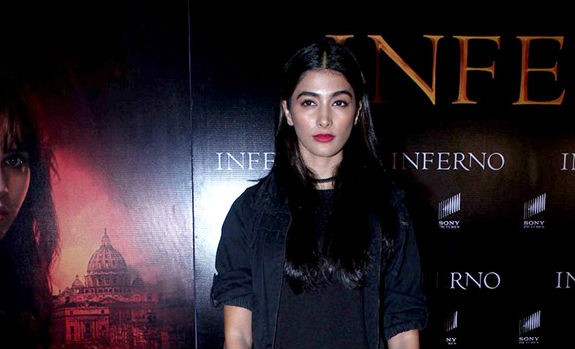 Bollywood actress Pooja Hegde is posing for photographers at Inferno special screening. Inferno special screening,Irrfan Khan,Pooja Hegde,Richa Chadda,Govind Sandhu,Meghna Gulzar,Sonnalli Seygall,Ramesh Sippy,Kiran Juneja,Fahad Samar,Abhinay Deo,Gulshan Devaiya,Kalliroi Tziafeta,Gautam Gulati,Inferno special screening pics,Inferno special sc