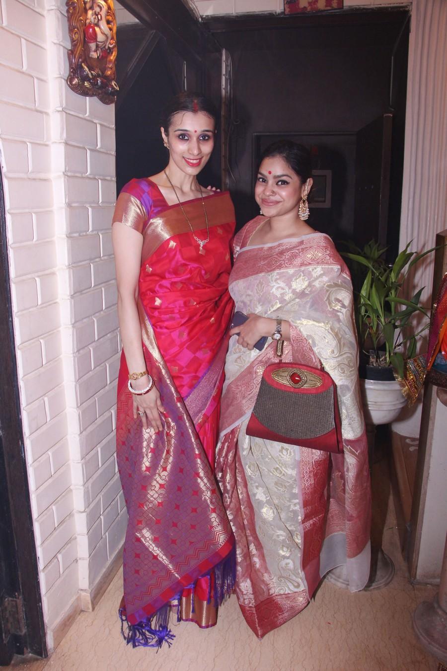 Taneesha Lahiri and Sumona Chakraborty at Bappi Lahiri's Lakshmi Pooja at the Lahiri House in Juhu. Bappi Lahiri celebrates Lakshmi Pooja,Jeetendra,Alka Yagnik,Lalit Pandit,Sumona Chatterjee,Babul Supriyo,Bappi Lahiri