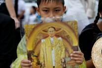 A boy carries a portrait of late Thai King Bhumibol Adulyadej while he lines up to pay respect at the Grand Palace in Bangkok.