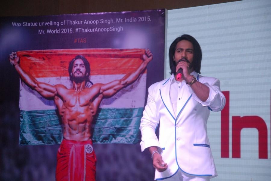 Anoop Singh Thakur, Mr World 2015 during the launch of his wax model, in Mumbai on Oct 17, 2016. Jackie Shroff,Anoop Singh Thakur,Anoop Singh Thakur wax,Mr World 2015,Anoop Singh Thakur, Mr World 2015,Kapil Dev,wax museum