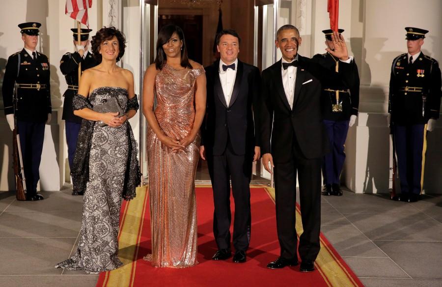 President Barack Obama and first lady Michelle Obama greet Italian Prime Minister Matteo Renzi and his wife Agnese Landini at the White House in Washington. Barack Obama,Obamas' last state dinner,Obamas' last state dinner at White House,White House,last state dinner,Michelle Obama,Matteo Renzi,Agnese Landini,Obamas' last state dinner pics,Obamas' last state dinner images,Obamas' last