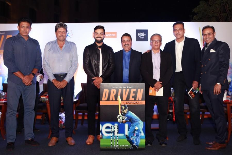 India Test captain Virat Kohli, chief coach Anil Kumble, team director Ravi Shastri, former Indian cricketers Kapil Dev and Virender Sehwag during the book release "Driven: The Virat Kohli Story" authored by Vijay Lokapally in New Delhi on Oct 18, 2016. Virat Kohli,Anil Kumble,coach Anil Kumble,Ravi Shastri,Kapil Dev,Virender Sehwag,Driven: The Virat Kohli Story,The Virat Kohli Story