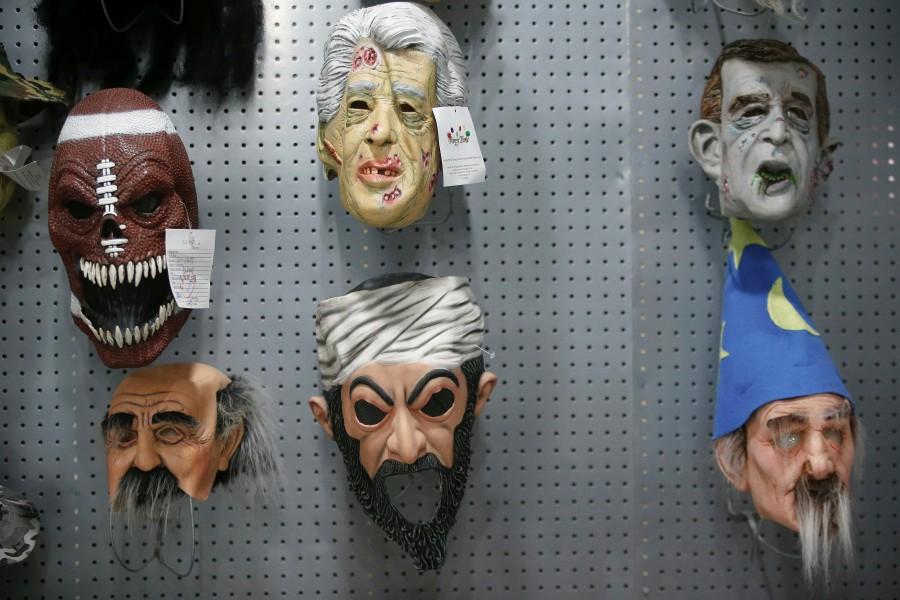 Masks are displayed in the showroom of Jinhua Partytime Latex Art and Crafts Factory in Jinhua, Zhejiang Province, China. Halloween creative masks,Halloween masks,Halloween Masks,Halloween funny Masks,Halloween scary Masks,Printable Halloween Masks
