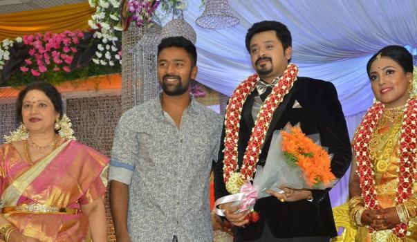 Tamil Actress Jayachitra's son Amresh Ganesh and Keerthi Hanusha Wedding Reception held at Chennai. Celebs like Jyothika, Vishal, Nassar, Durga Stalin, J Mahendran, Lakshmi, Sivakumar, JK Ritheesh, Kutty Padmini, Radhika, Sarathkumar, Ponvannan, Rayanne Hardy, Rahul, Gangai Amaran, Sachu, and others graced the event.
