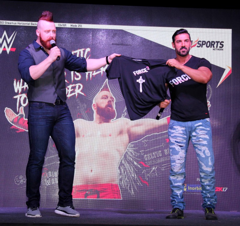World Wrestling Entertainment (WWE) Wrestler Sheamus and Bollywood actor John Abraham during the promotion of upcoming film Force 2, in Mumbai, India on October 22, 2016. Force 2,Force 2 promotion,Force 2 movie promotion,John Abraham,WWE Wrestler Sheamus,Sheamus,Wrestler Sheamus and John Abraham,Bollywood movie Force 2,Force 2 pics,Force 2 images,Force 2 stills,Force 2 pictures