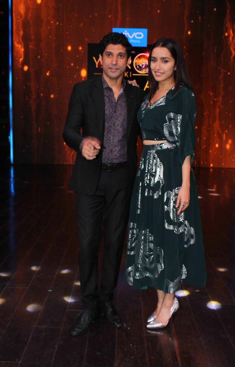 Photos of Bollywood actor Farhan Akhtar and Shraddha Kapoor during the shooting of Zee TV show Yaaron Ki Baraat, in Mumbai. Farhan Akhtar,Riteish Deshmukh,Shraddha Kapoor,Yaaron Ki Baraat