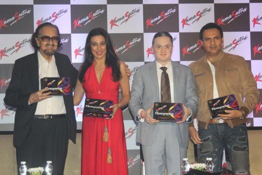 Theater personality and ad filmmaker Alyque Padamsee, actor Pooja Bedi, Gautam Singhania, CMD, Raymond Group and model Marc Robinson during the launch of KamaSutra Honeymoon Surprise Pack, in Mumbai, on Oct 21, 2016.
