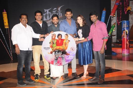 Tamil movie Kaththi Sandai Audio Launch event held at Suriyan FM, Chennai. Celebs like Vishal, Tamannaah, Director Suraj, Music Director Hiphop Tamizha Aadhi, Comedy actor Soori, Producer S. Nanthagopal and others graced the event.