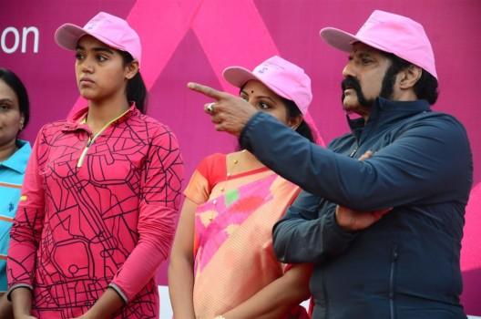 Photos of TDP MLA and Actor Nandamuri Balakrishna, actress Manchu Lakshmi and TRS MP Kavitha have participated in Breast Cancer Awareness Pink Walk which was held at KBR Park in Hyderabad.