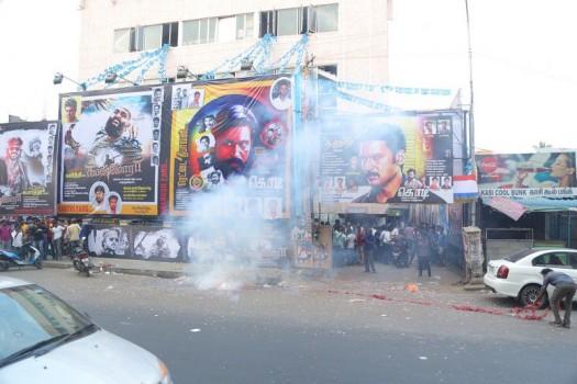 Photos of Dhanush Fans celebrates Kodi First Day First Show in Kasi Theatre in Chennai.