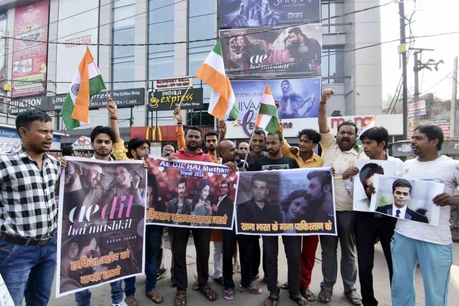 The protestors carried banners and flags of the Bajrang Dal as well as the national flag and shouted slogans condemning the casting of Fawad in an Indian film at a time of high tension between the neighbouring nations. Bajrang Dal,Ae Dil Hai Mushkil,protests screening of Ae Dil Hai Mushkil,Fawad Khan,Pakistani actor Fawad Khan,Karan Johar