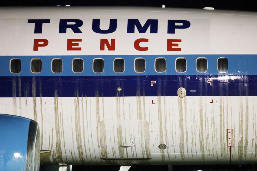 Mud is seen on the side of a campaign plane that had been carrying U.S. Republican vice presidential nominee Mike Pence and skidded off the runway while landing in the rain at LaGuardia Airport in New York, U.S. Mike Pence skids,Mike Pence,Mike Pence skids off runway,Mike Pence off runway,LaGuardia Airport,LaGuardia airport