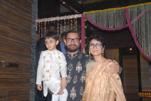Actor Aamir Khan along with his wife Kiran Rao and son Azad Rao Khan during Diwali celebration in Mumbai, on Oct 30, 2016.