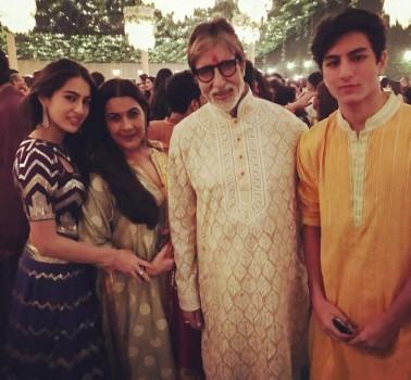 Actor Amitabh Bachchan was seen in a feather applique kurta from Abu Jani Sandeep Khosla this Diwali.