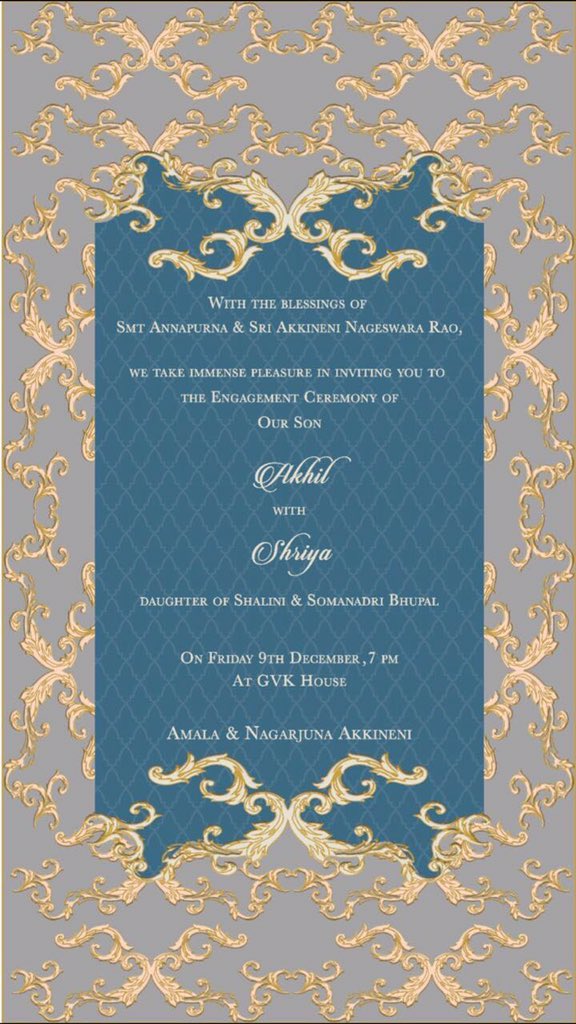 Check out the photos of Akhil Akkineni and Shriya Bhupal's Engagement Invitation Card. Akhil Akkineni,akhil,Akhil Akkineni Wedding,Akhil Akkineni marriage,.Akhil Akkineni and Shirya Bhupal,Shirya Bhupal,Akhil Akkineni Engagement Invitation Card,Akhil Akkineni Engagement