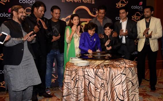 Star Cast of Karmphal Data Shani celebrating Kartikeya Malviye's (Shani) birthday at the press meet.