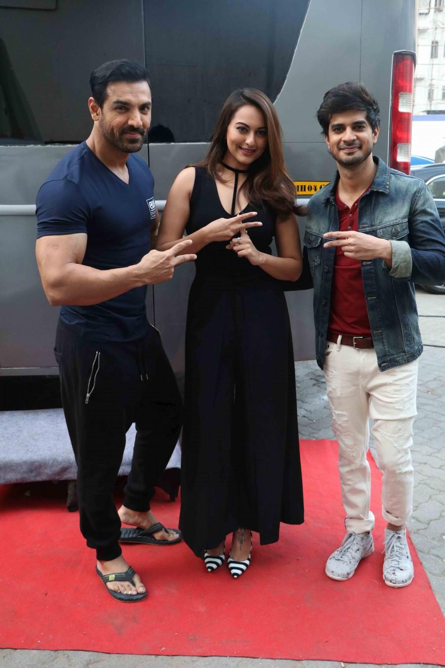 Photos of Bollywood actors John Abraham, Sonakshi Sinha, Tahir Raj Bhasin spotted at Mehboob Studio. John Abraham,Sonakshi Sinha,Tahir Raj Bhasin,starcast of force2 spotted at mehboob studio,force 2 starcast spotted at mehboob studio,force 2,Bollywood movie force 2,force 2 promotion,force 2 movie promotion