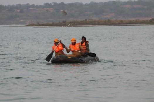 Rescue operations underway at TG Halli lake where two male actors Anil and Uday, aged 31 and 38 years drowned during the shooting of a Kannada movie while enacting a stunt scene by jumping from a helicopter on Nov 7, 2016.