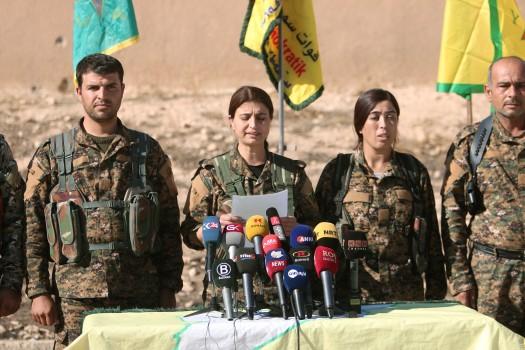 Syrian Democratic Forces (SDF) commanders attend a news conference in Ain Issa, Raqqa Governorate, Syria November 6, 2016. The Syrian Observatory for Human Rights, an organisation that monitors the multi-sided Syrian conflict, said the SDF forces had so far captured a number of IS positions but there had been 