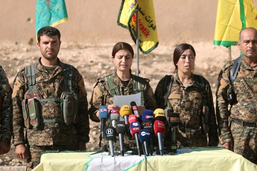 Syrian Democratic Forces (SDF) commanders attend a news conference in Ain Issa, Raqqa Governorate, Syria November 6, 2016. The Syrian Observatory for Human Rights, an organisation that monitors the multi-sided Syrian conflict, said the SDF forces had so far captured a number of IS positions but there had been "no real progress". U.S-backed Syrian,U.S,Islamic State,Raqqa,Islamic State militants