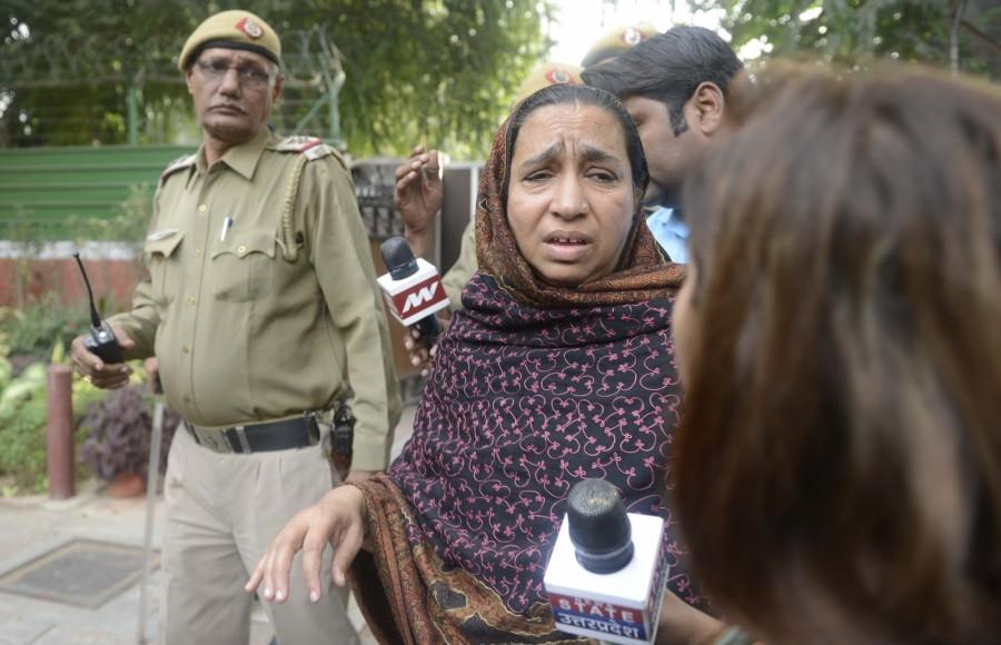 Missing JNU student Najeeb's mother Fatima Nafees comes out after meeting Union Home Minister Rajnath Singh at his residence in New Delhi on Nov. 8, 2016. Rajnath Singh,JNU student Najeeb,Najeeb,Najeeb mother,Union Home Minister Rajnath Singh,Fatima Nafees
