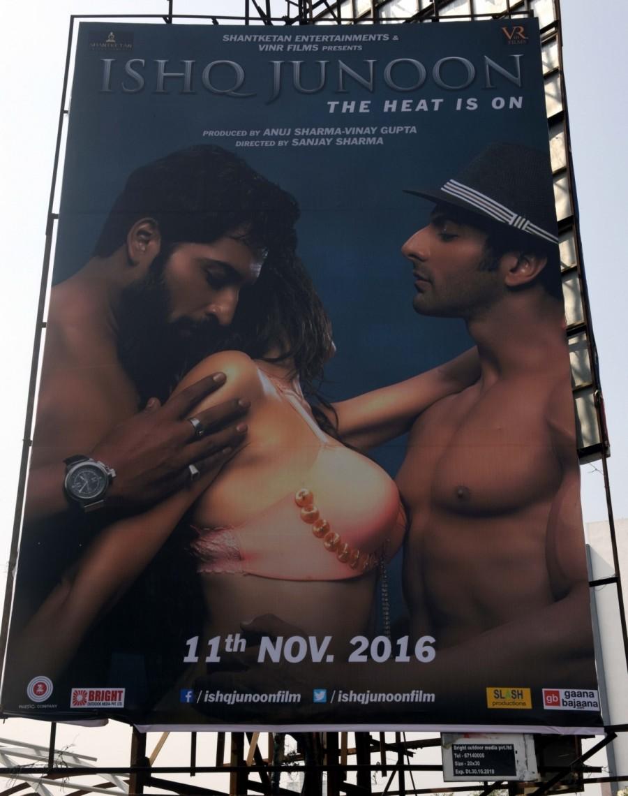 Shivsena activists burn the poster of upcoming film "Ishq Junoon" as the party deemed the posters 'too vulgar'; in Mumbai on Nov 8, 2016. Shivsena,Ishq Junoon,Ishq Junoon vulgar poster,vulgar poster,Shivsena activists,protest against Ishq Junoon,too vulgar