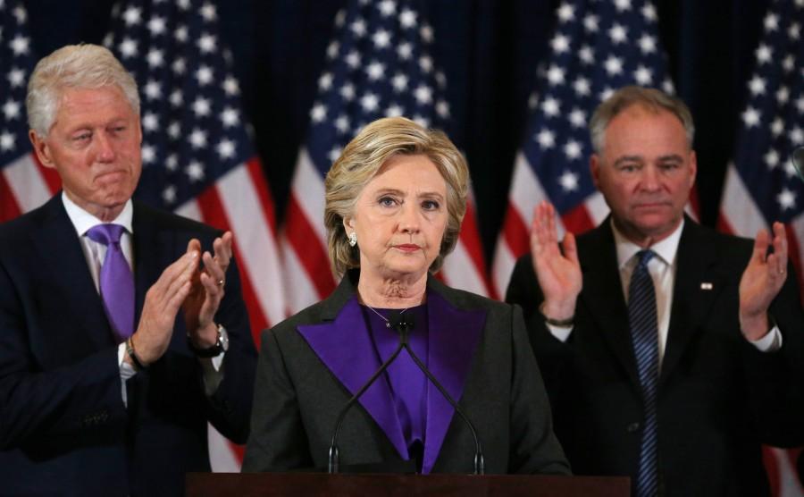 Hillary Clinton, accompanied by her husband former U.S. President Bill Clinton (L) and running mate Senator Tim Kaine, addresses her staff and supporters about the results of the U.S. election at a hotel in New York, November 9, 2016. Hillary Clinton,Hillary Clinton addresses supporters,Donald Trump,president-elect,president election,White House,US election