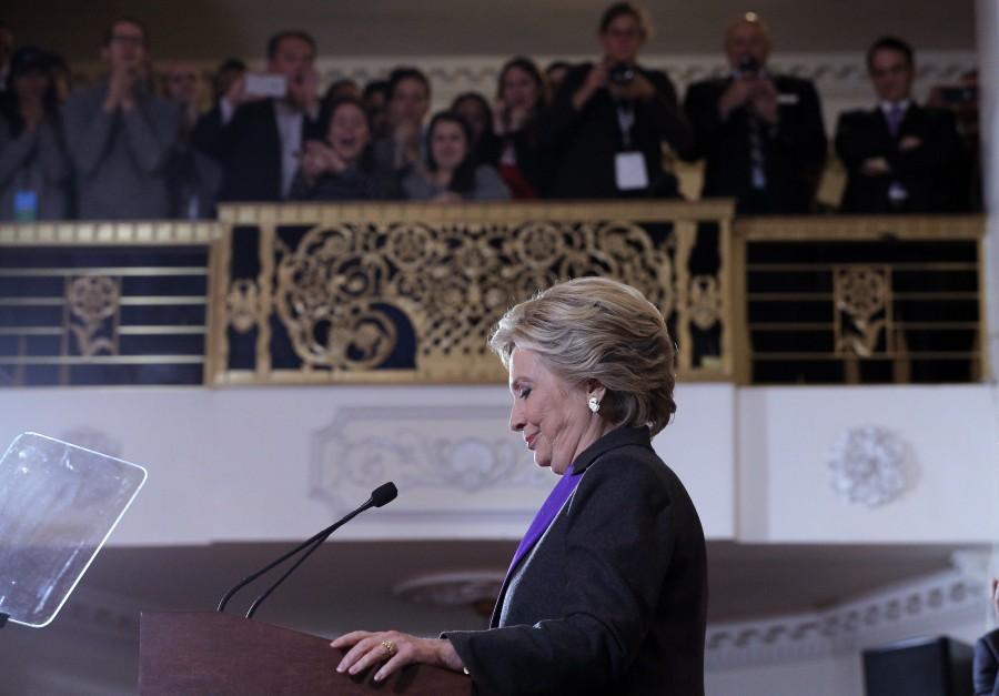Hillary Clinton pauses as she addresses her staff and supporters about the results of the U.S. election at a hotel in the Manhattan borough of New York, U.S. Hillary Clinton,Hillary Clinton addresses supporters,Donald Trump,president-elect,president election,White House,US election