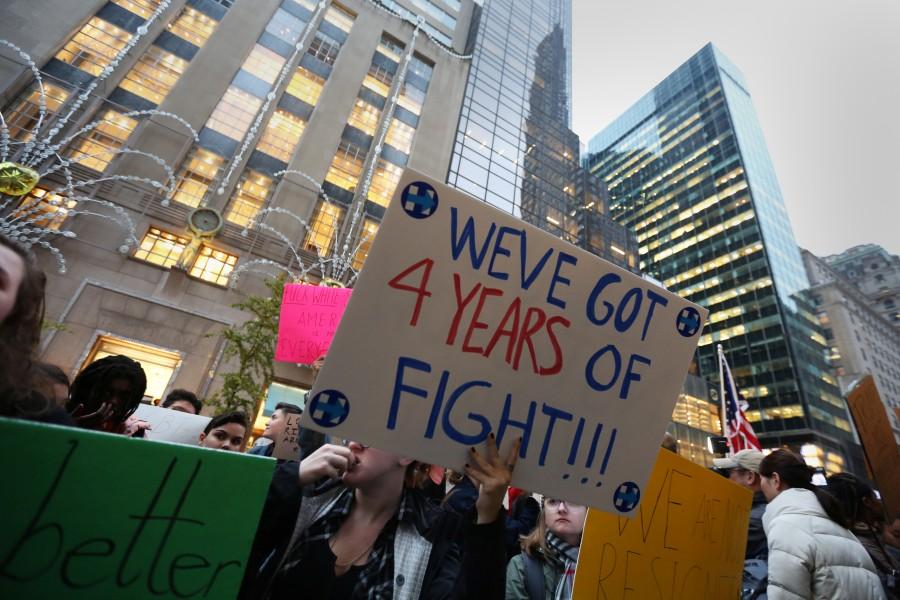 Protesters demonstrate across the street from Trump Tower after the election selected Republican president-elect Donald Trump in New York, New York, U.S. Donald Trump,Donald Trump as 45th US President,45th US President,US President,America divided after the Election,People react after the results,America divided after election