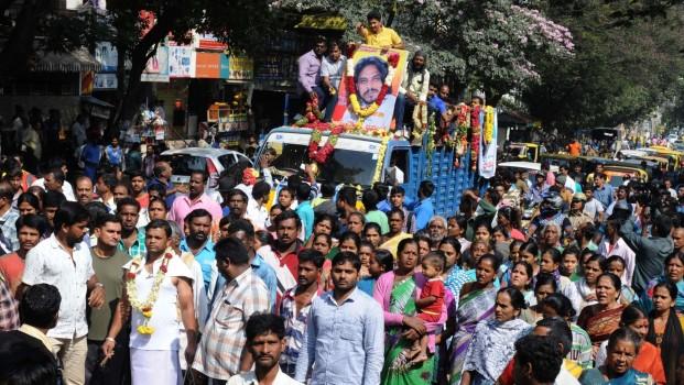 Funeral procession of actor Uday, who was died during shooting of a Kannada film Masti Gudi while enacting a stunt scene by jumping from a helicopter; in Bengaluru on Nov. 10, 2016.
