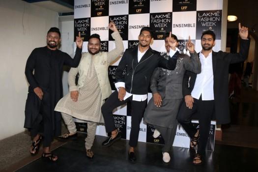 (L to R) Kabaddi players Shabeer Bapu Sharfudheen, Vishal P Mane, Rishank Devadiga, Surender Nada and Mohit Chhillar during the Fashion Meets Sports event in Mumbai, on Nov 10, 2016. In celebration of the Kabaddi World Cup win by the Indian Kabaddi team, Lakme Fashion Week hosted the event showcased by select menswear designers, at the multi-designer Ensemble retail store.
