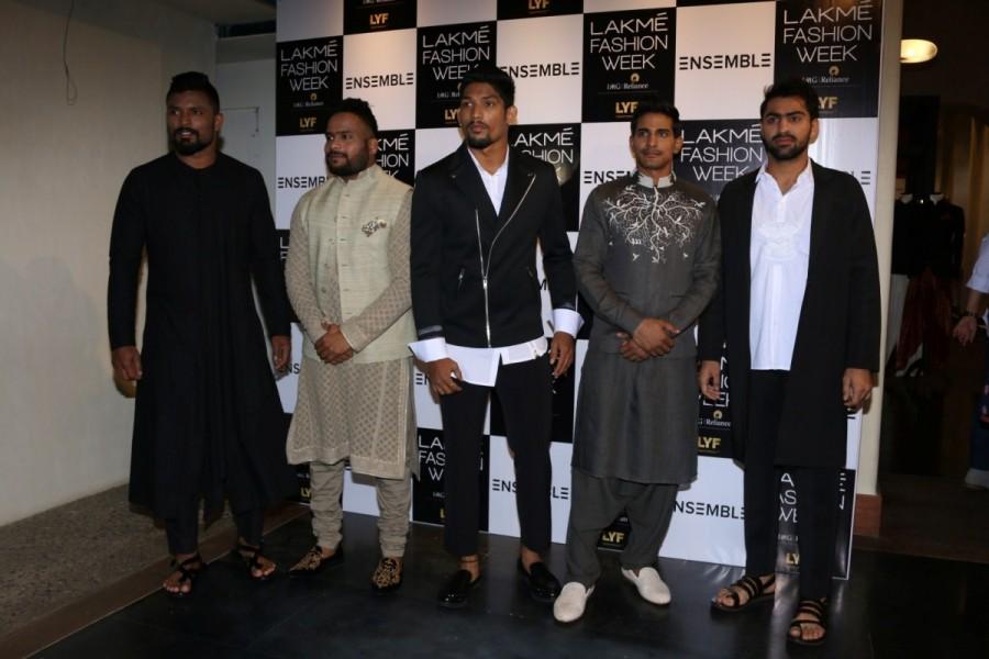 (L to R) Kabaddi players Shabeer Bapu Sharfudheen, Vishal P Mane, Rishank Devadiga, Surender Nada and Mohit Chhillar during the Fashion Meets Sports event in Mumbai, on Nov 10, 2016. In celebration of the Kabaddi World Cup win by the Indian Kabaddi team, Lakme Fashion Week hosted the event showcased by select menswear designers, at the multi-designer Ensemble retail store. Lakme Fashion Week,Kabaddi World Cup win,India's Kabaddi World Cup win,Shabeer Bapu Sharfudheen,Vishal P Mane,Rishank Devadiga,Surender Nada,Mohit Chhillar