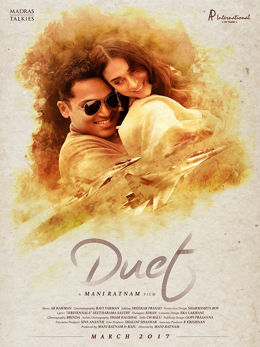 Duet is an upcoming Telugu romantic drama movie written, produced and directed by Mani Ratnam. The film stars Karthi Sivakumar and Aditi Rao Hydari in the lead role, while Delhi Ganesh, Vipin Sharma, RJ Balaji, Harish Raj and Amritaa Singh in supporting role. Duet,Karthi,Aditi Rao Hydari,Duet first look poster,Duet first look,Duet poster,Kaatru Veliyidai,Kaatru Veliyidai in Telugu,Kaatru Veliyidai pics,Kaatru Veliyidai images,Kaatru Veliyidai photos